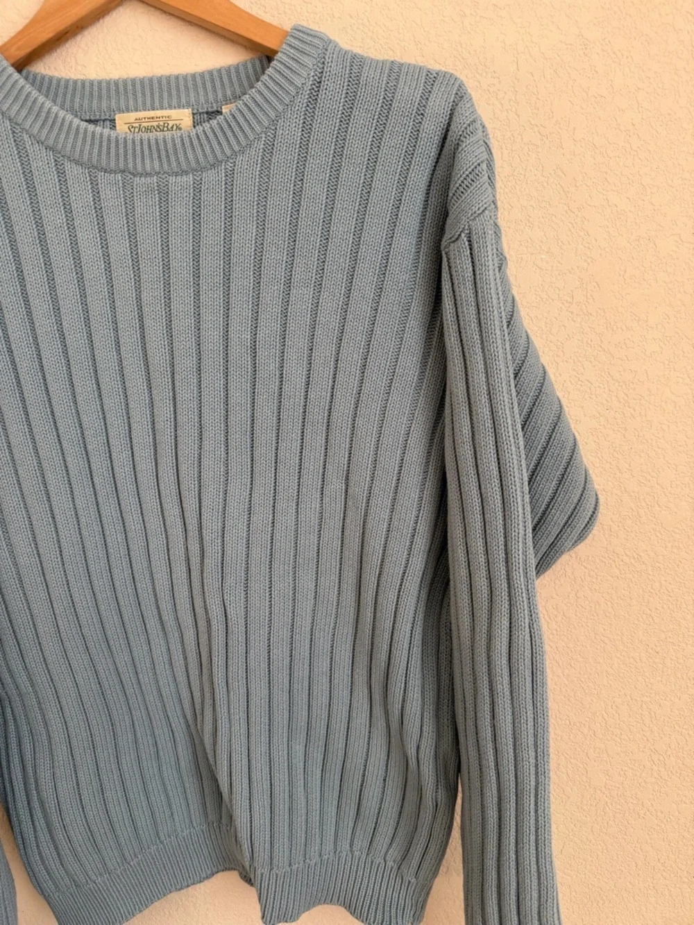 St Johns Bay Ribbed Knit Cotton Sweater Mens M Blue Vintage Shaker Crew 90s Cozy